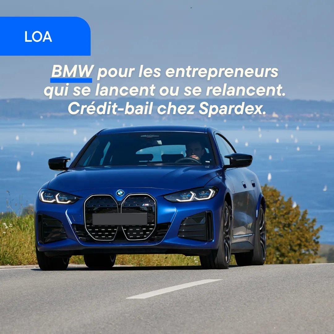 Visuel de la campagne Spardex : une BMW en crédit-bail pour les entrepreneurs qui se lancent ou se relancent